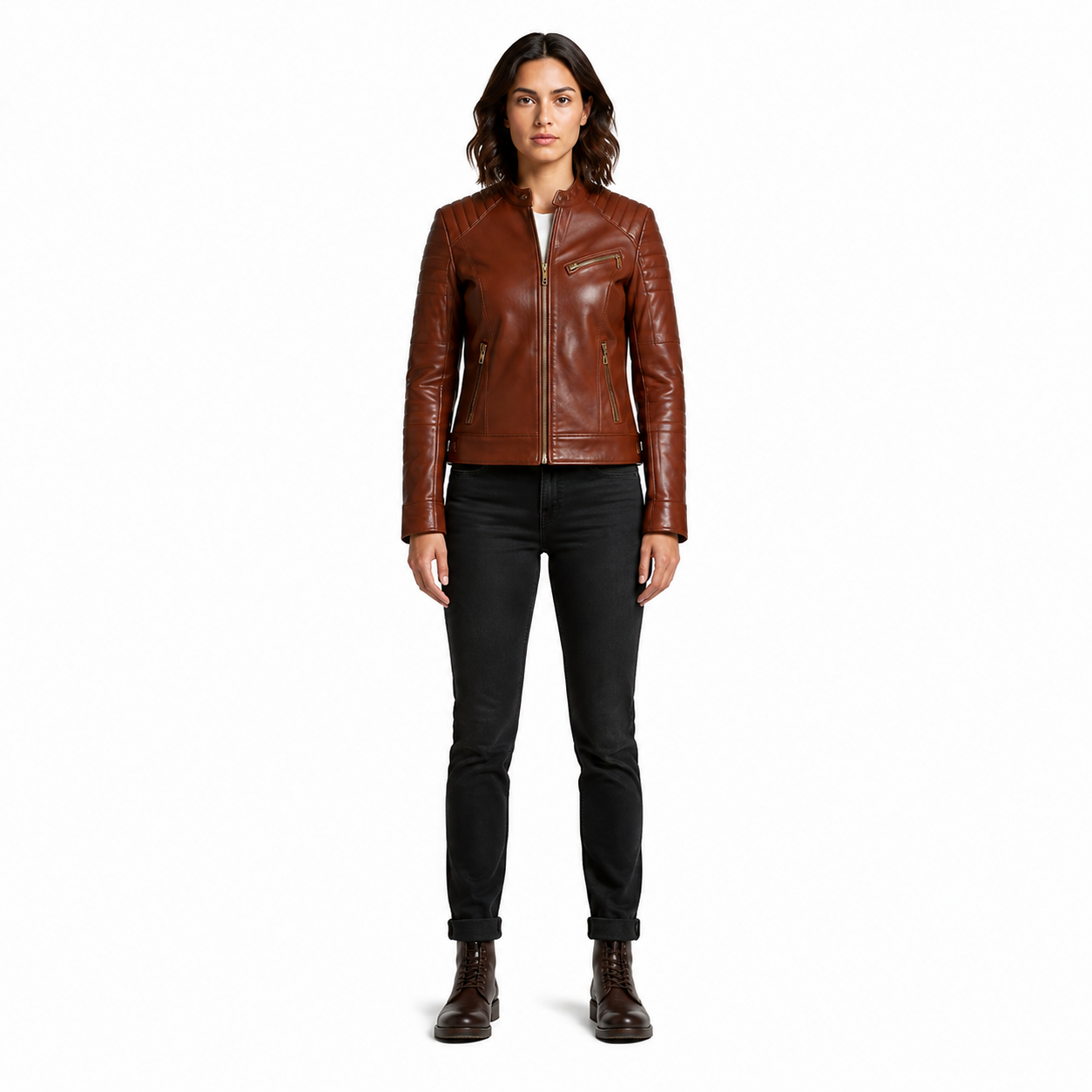 Women's Cognac Horsehide Leather Moto Jacket - Custom Leather Manufacturer Sialkot Pakistan