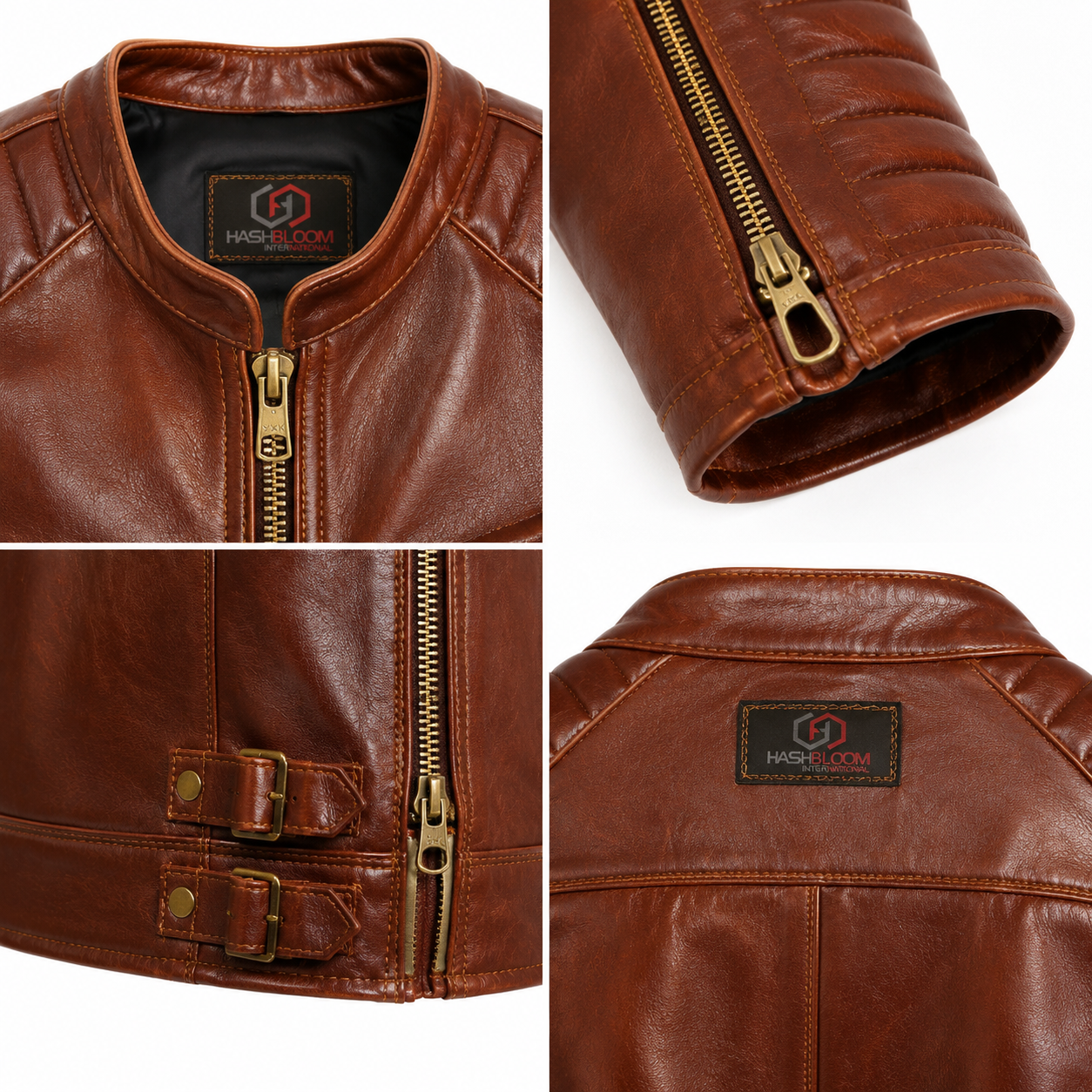 Women's Cognac Horsehide Leather Moto Jacket manufacturing detail 6