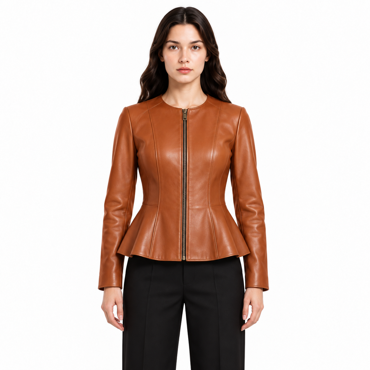 Women's Cognac Leather Peplum Jacket - Custom Leather Manufacturer Sialkot Pakistan