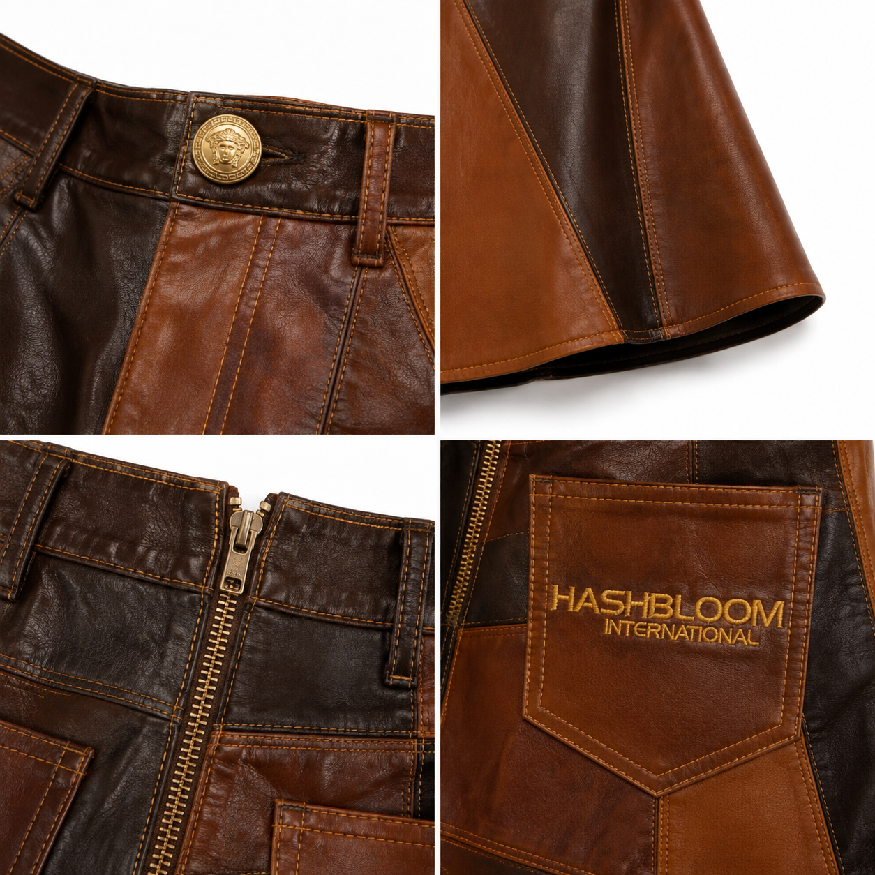 Women's Cognac Patchwork Lambskin Leather Maxi Skirt manufacturing detail 4