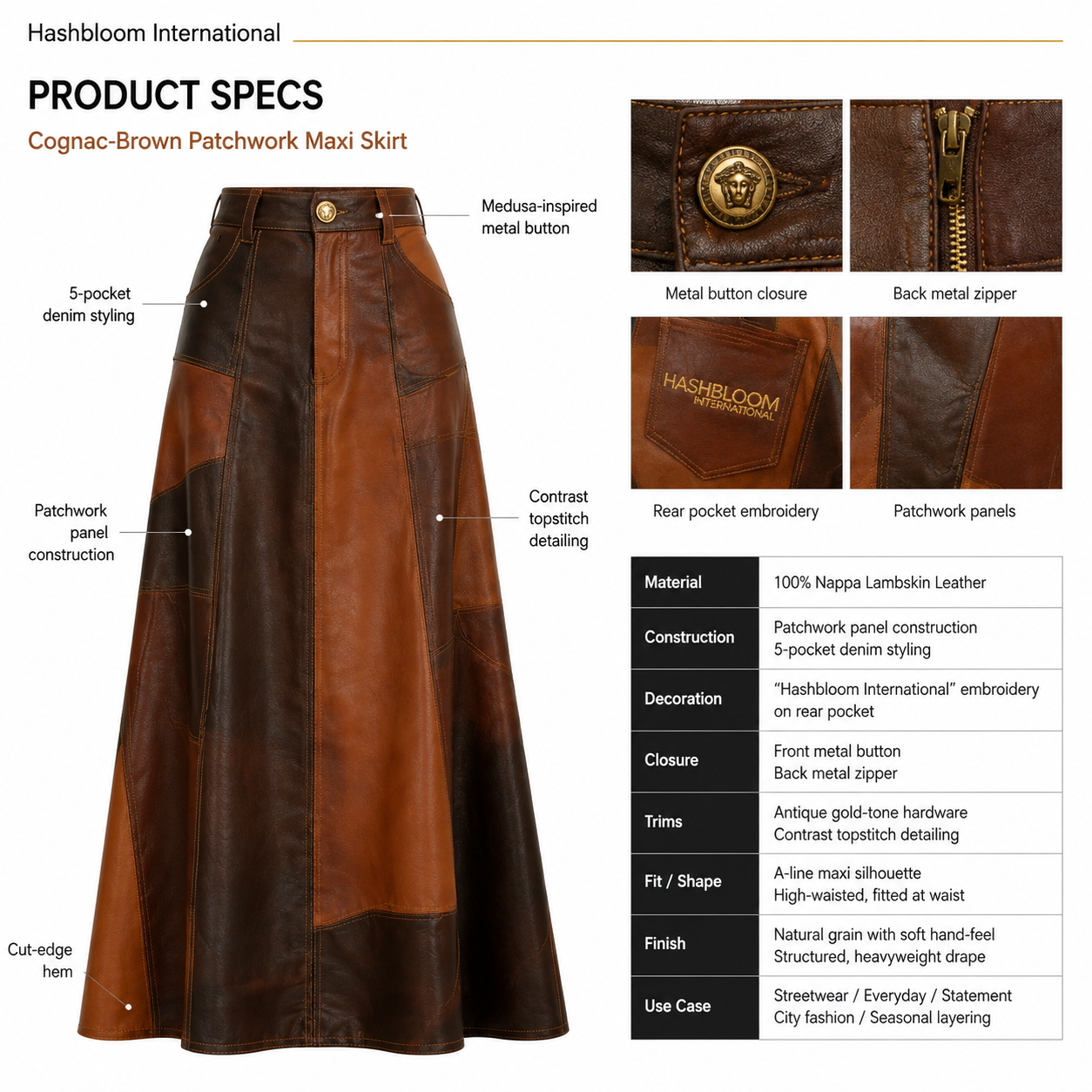 Women's Cognac Patchwork Lambskin Leather Maxi Skirt manufacturing detail 5