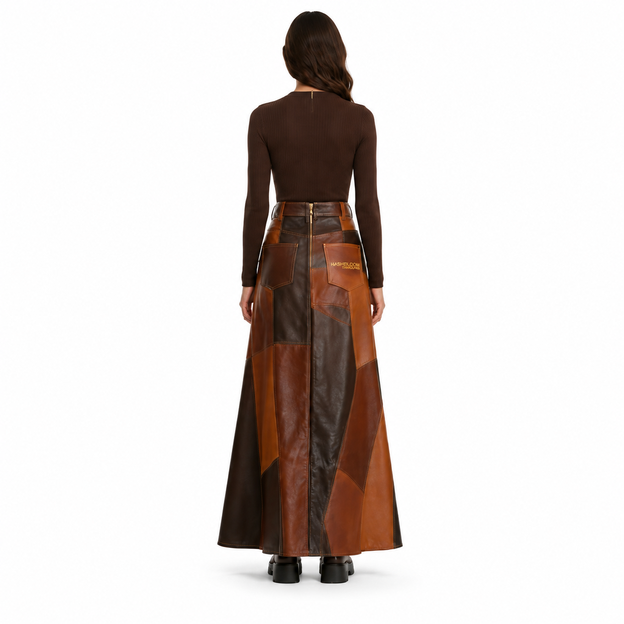 Women's Cognac Patchwork Lambskin Leather Maxi Skirt manufacturing detail 2