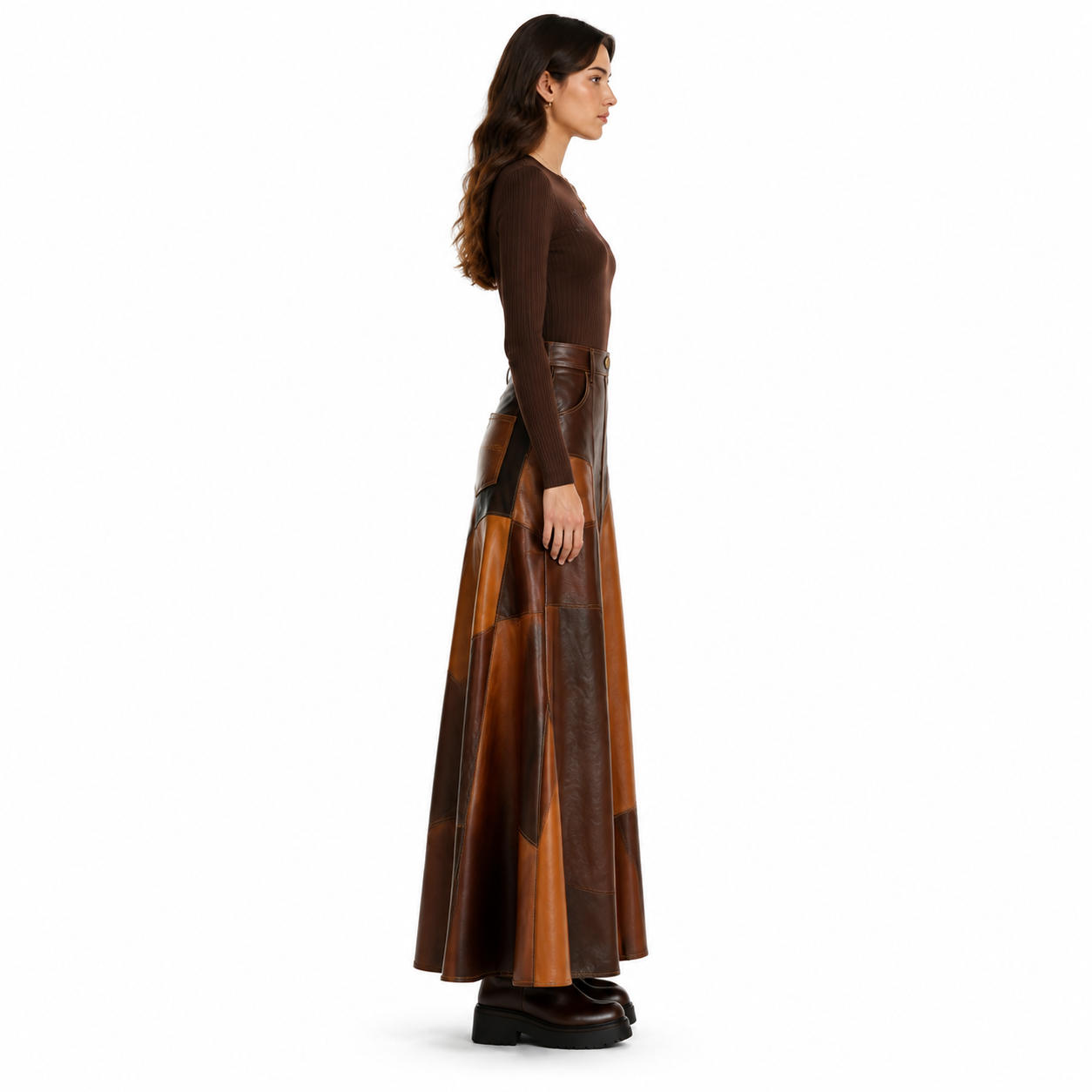 Women's Cognac Patchwork Lambskin Leather Maxi Skirt manufacturing detail 3