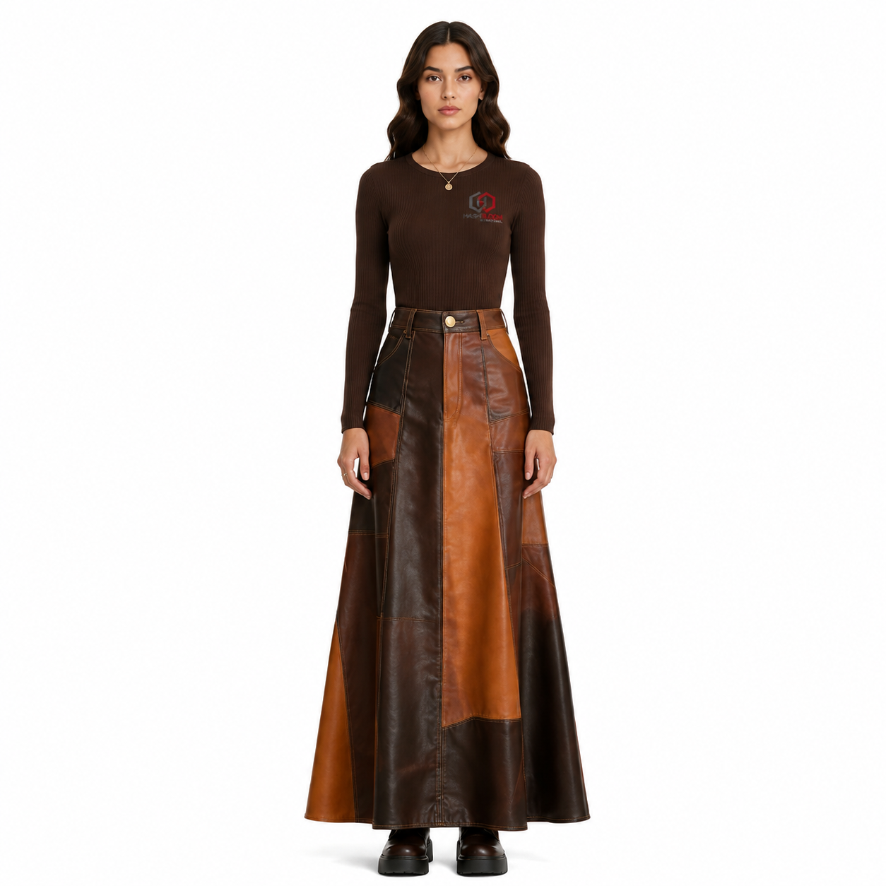 Women's Cognac Patchwork Lambskin Leather Maxi Skirt - Custom Leather Manufacturer Sialkot Pakistan