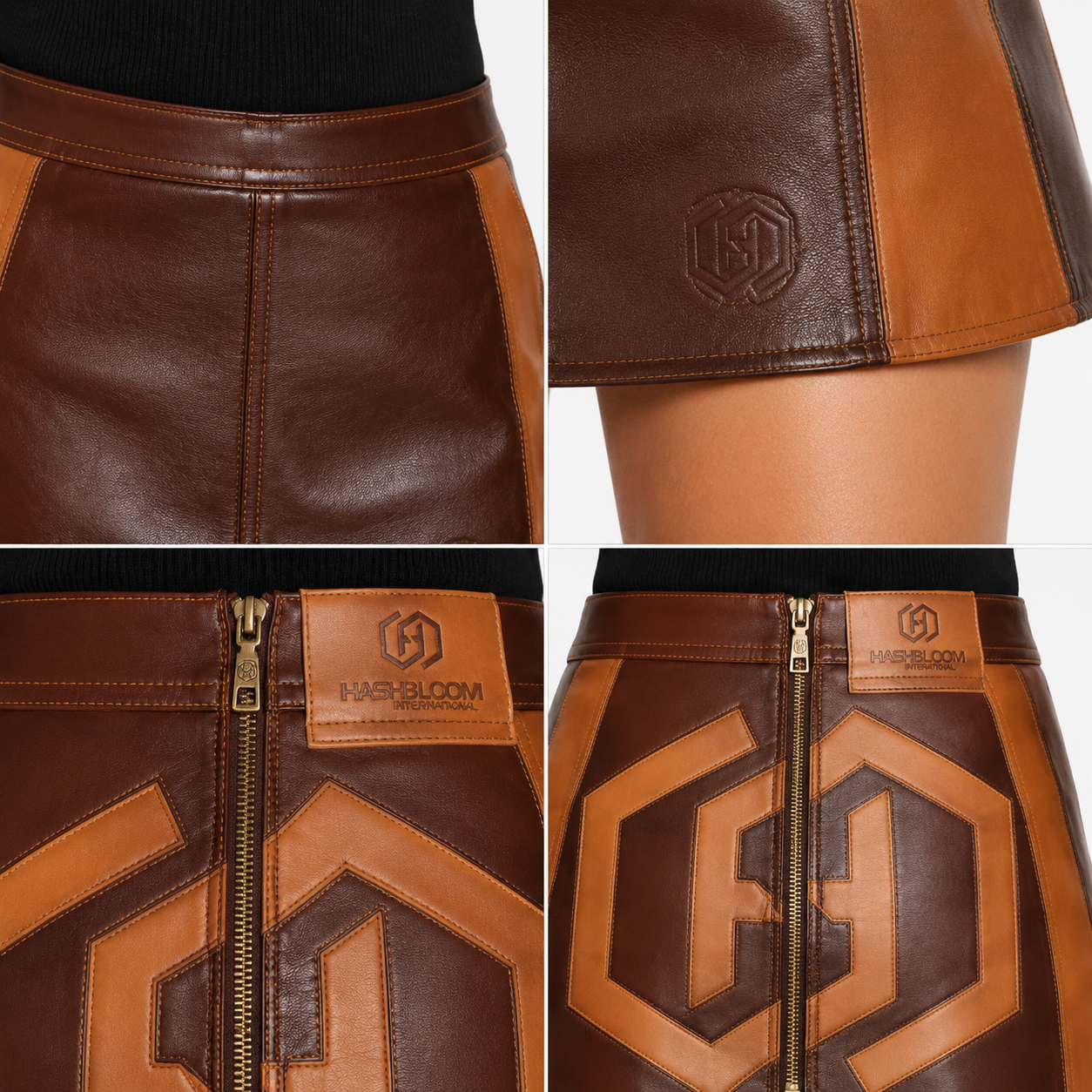 Women's Cognac Patchwork Lambskin Leather Mini Skirt manufacturing detail 4