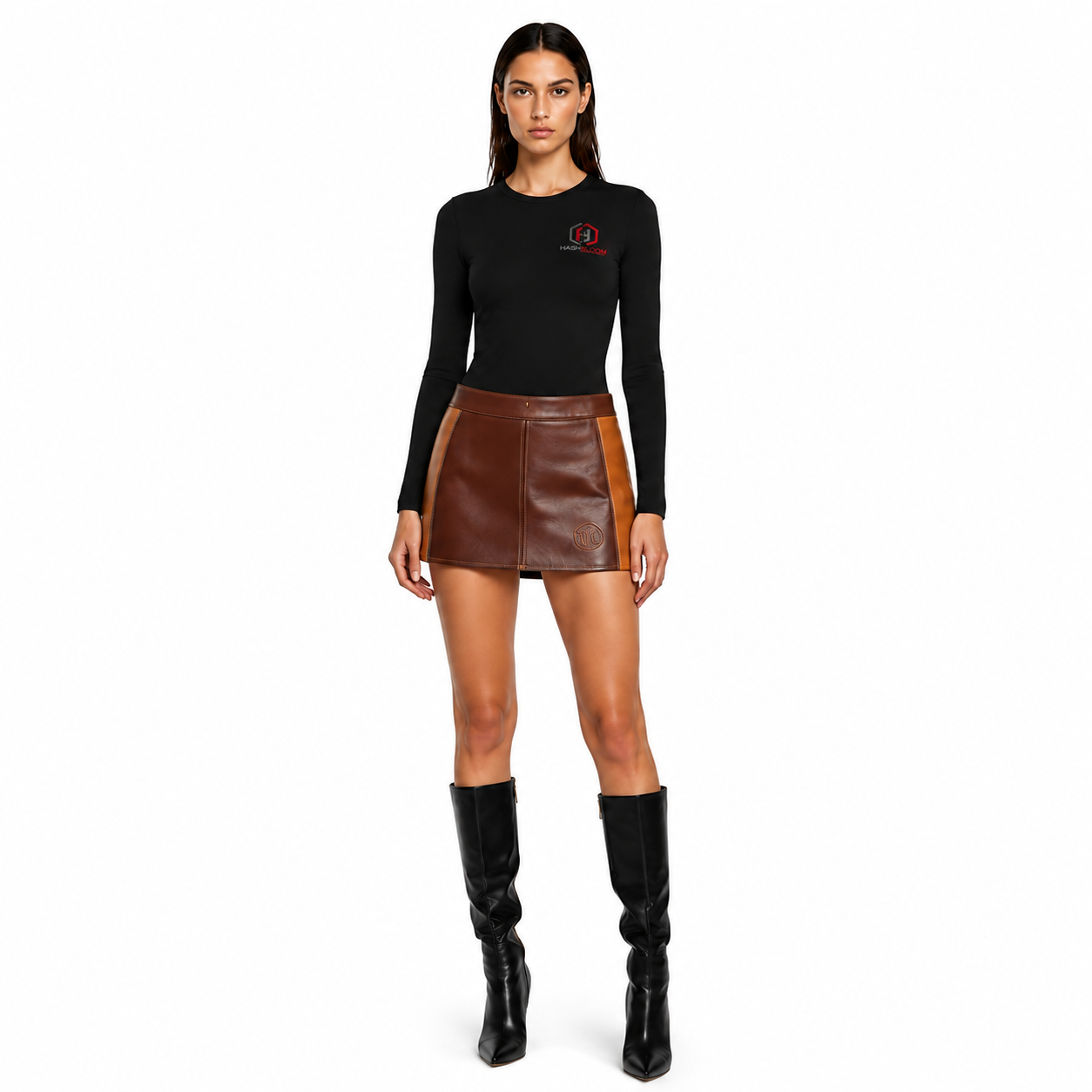 Women's Cognac Patchwork Lambskin Leather Mini Skirt - Custom Leather Manufacturer Sialkot Pakistan
