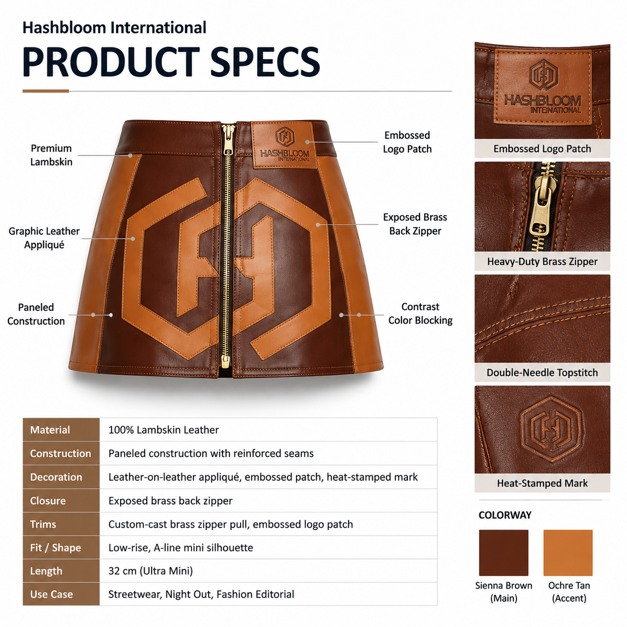 Women's Cognac Patchwork Lambskin Leather Mini Skirt manufacturing detail 5