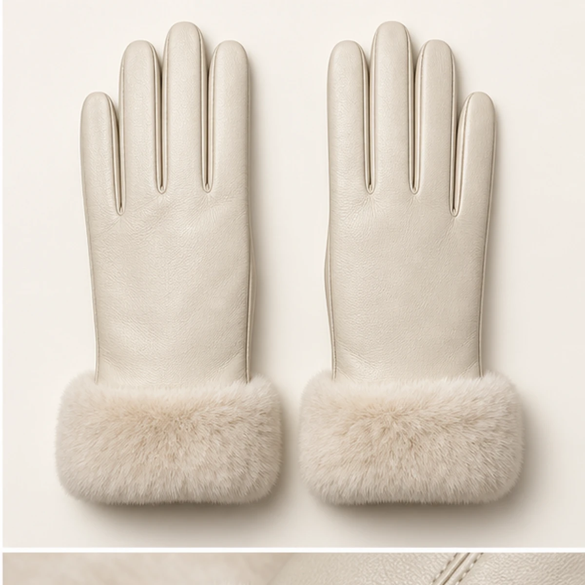 Women's Cream Faux-Fur Cuff Lambskin Gloves manufacturing detail 2