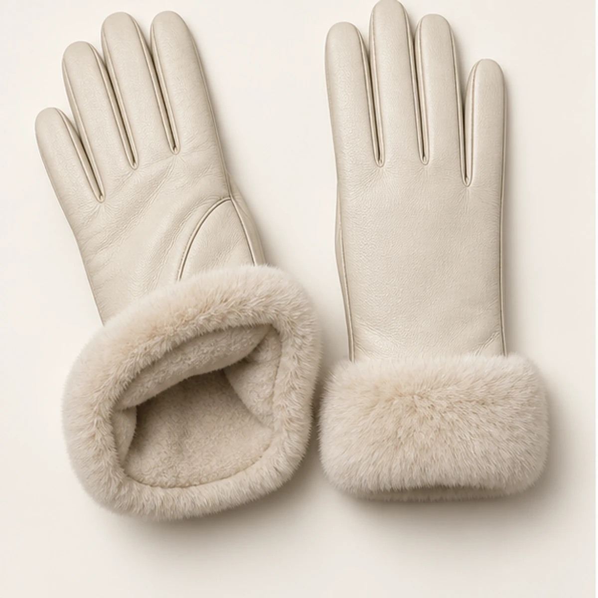 Women's Cream Faux-Fur Cuff Lambskin Gloves manufacturing detail 3