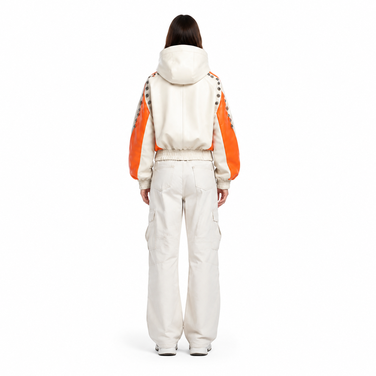 Women's Cream Orange Lambskin Hooded Utility Jacket manufacturing detail 2