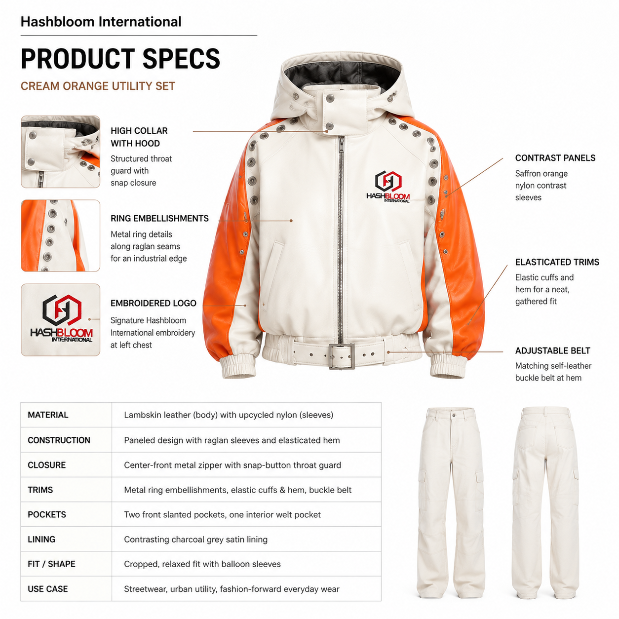 Women's Cream Orange Lambskin Hooded Utility Jacket manufacturing detail 4
