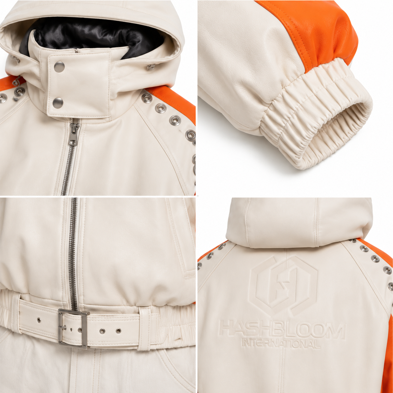 Women's Cream Orange Lambskin Hooded Utility Jacket manufacturing detail 5