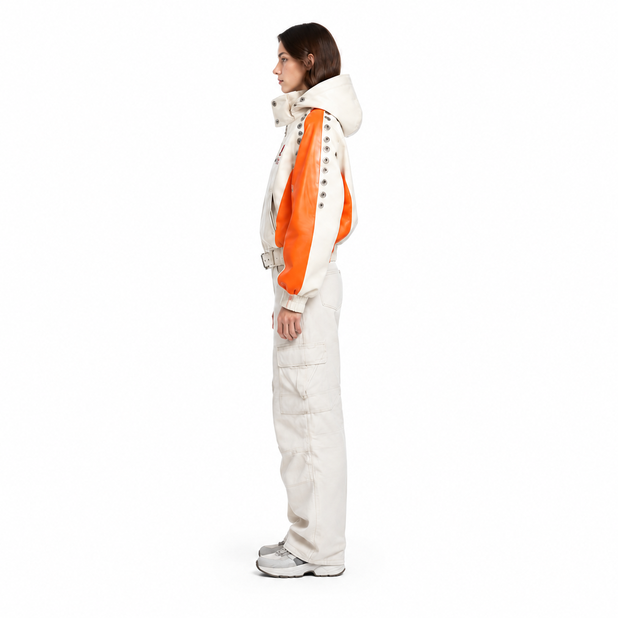Women's Cream Orange Lambskin Hooded Utility Jacket manufacturing detail 3