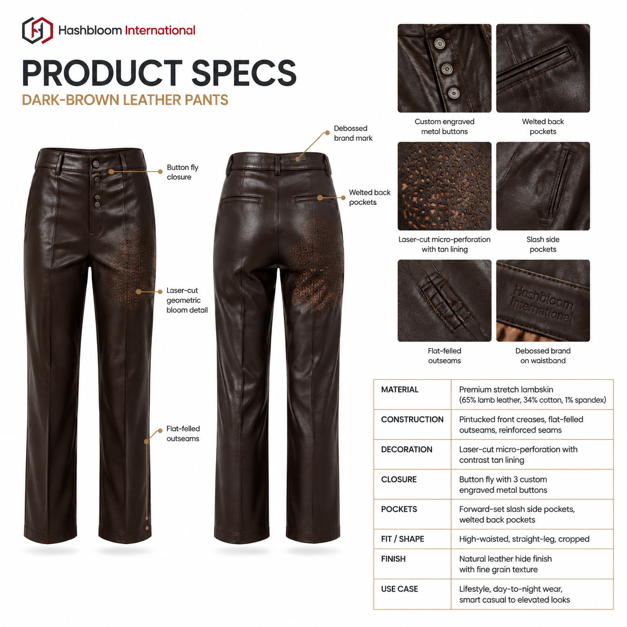 Women's Dark Brown Lambskin Cropped Leather Pants manufacturing detail 5