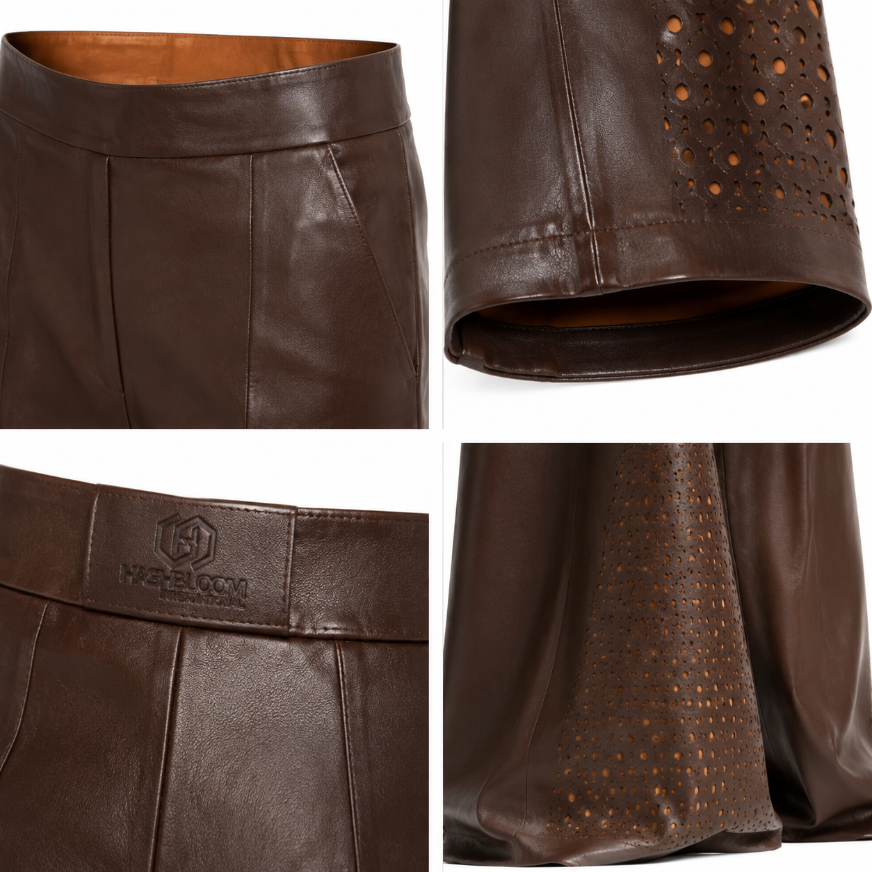 Women's Dark Brown Perforated Wide-Leg Leather-Look Pants manufacturing detail 4