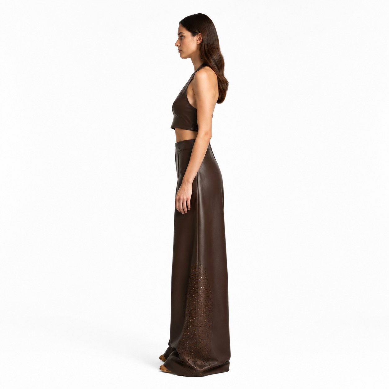 Women's Dark Brown Perforated Wide-Leg Leather-Look Pants manufacturing detail 3