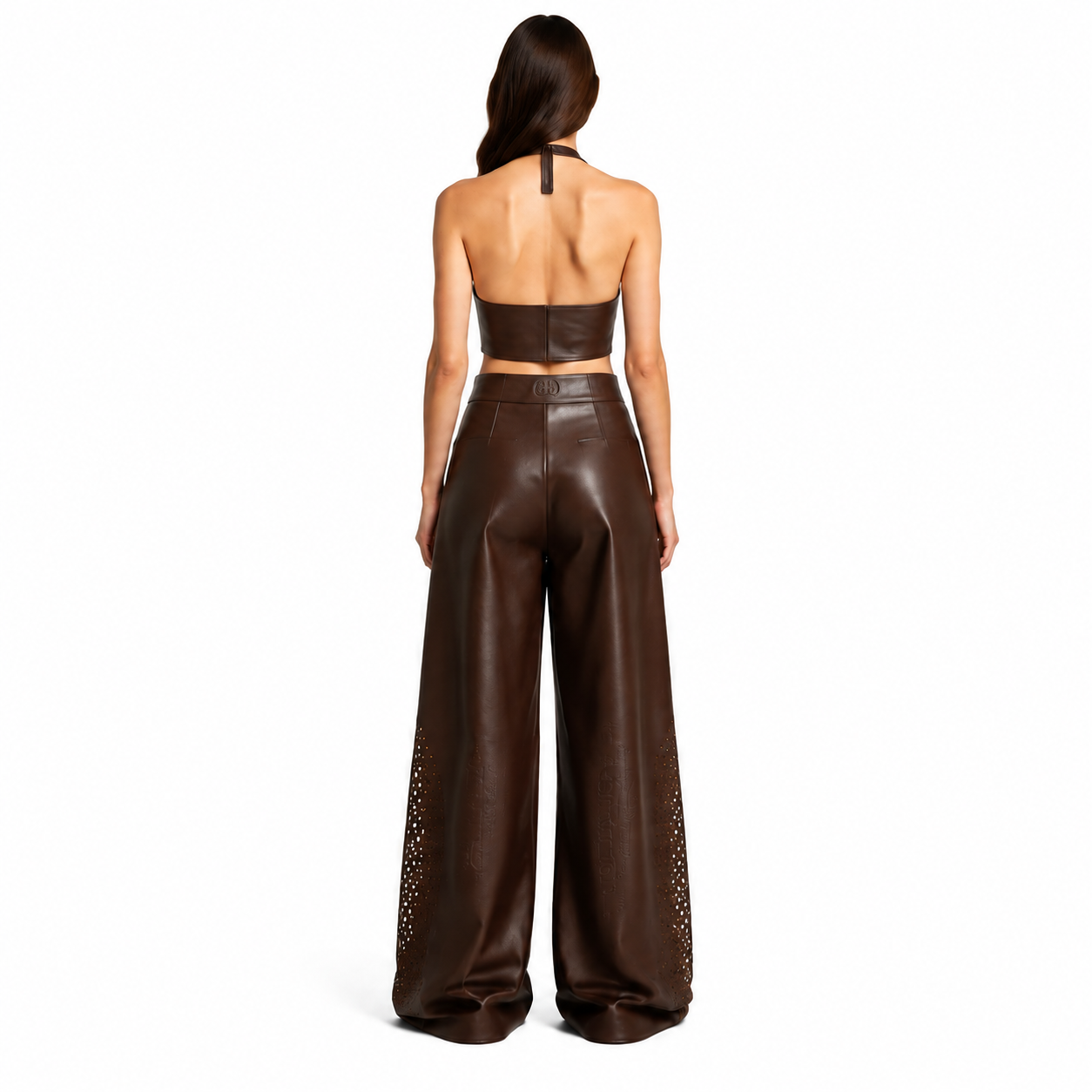 Women's Dark Brown Perforated Wide-Leg Leather-Look Pants manufacturing detail 2