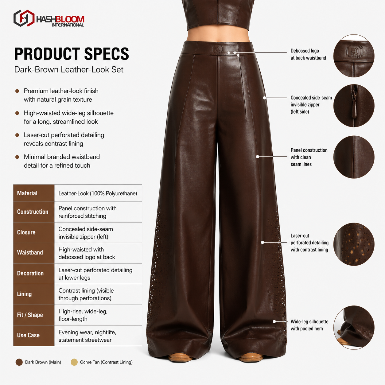 Women's Dark Brown Perforated Wide-Leg Leather-Look Pants manufacturing detail 5