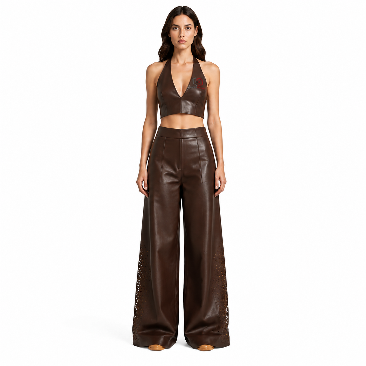 Women's Dark Brown Perforated Wide-Leg Leather-Look Pants - Custom Leather Manufacturer Sialkot Pakistan