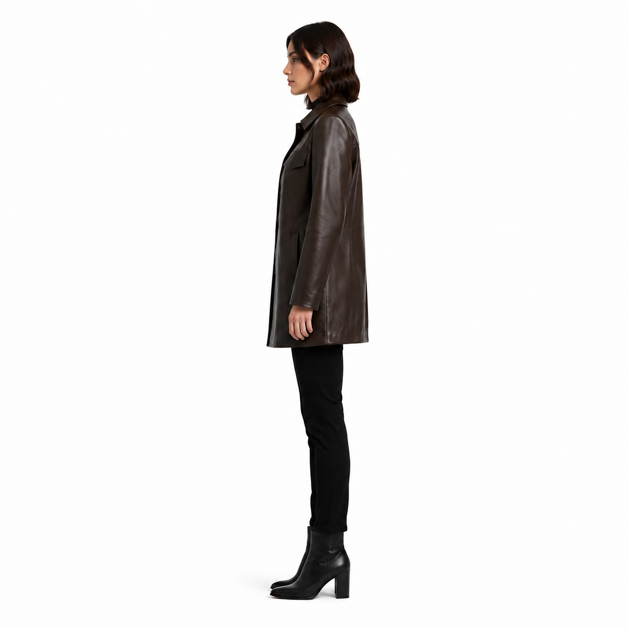 Women's Espresso Genuine Leather Shirt Jacket Coat manufacturing detail 3