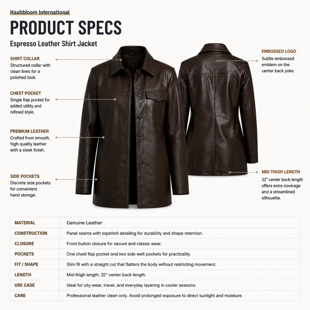 Women's Espresso Genuine Leather Shirt Jacket Coat manufacturing detail 4