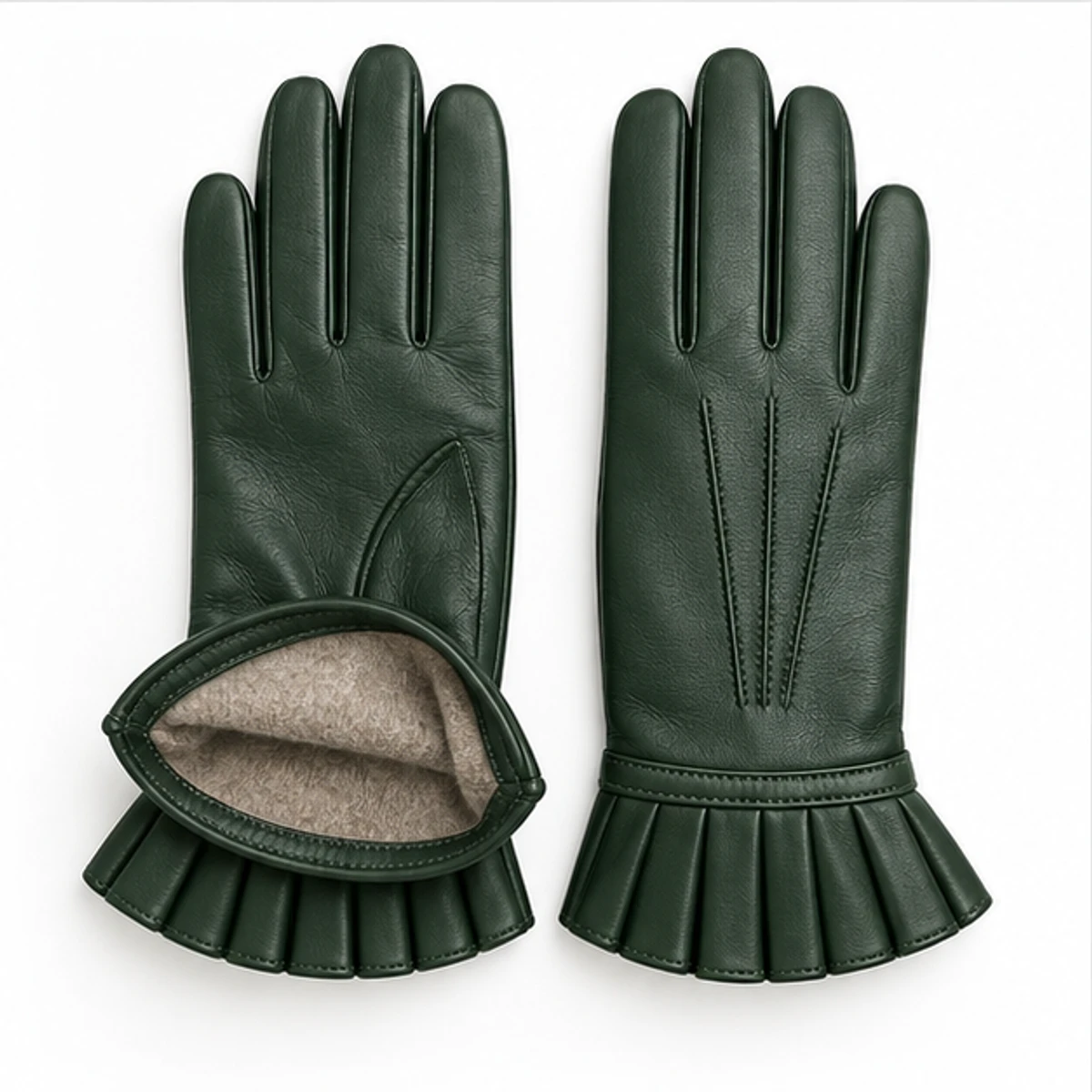 Women's Forest Green Pleated Nappa Gloves manufacturing detail 3