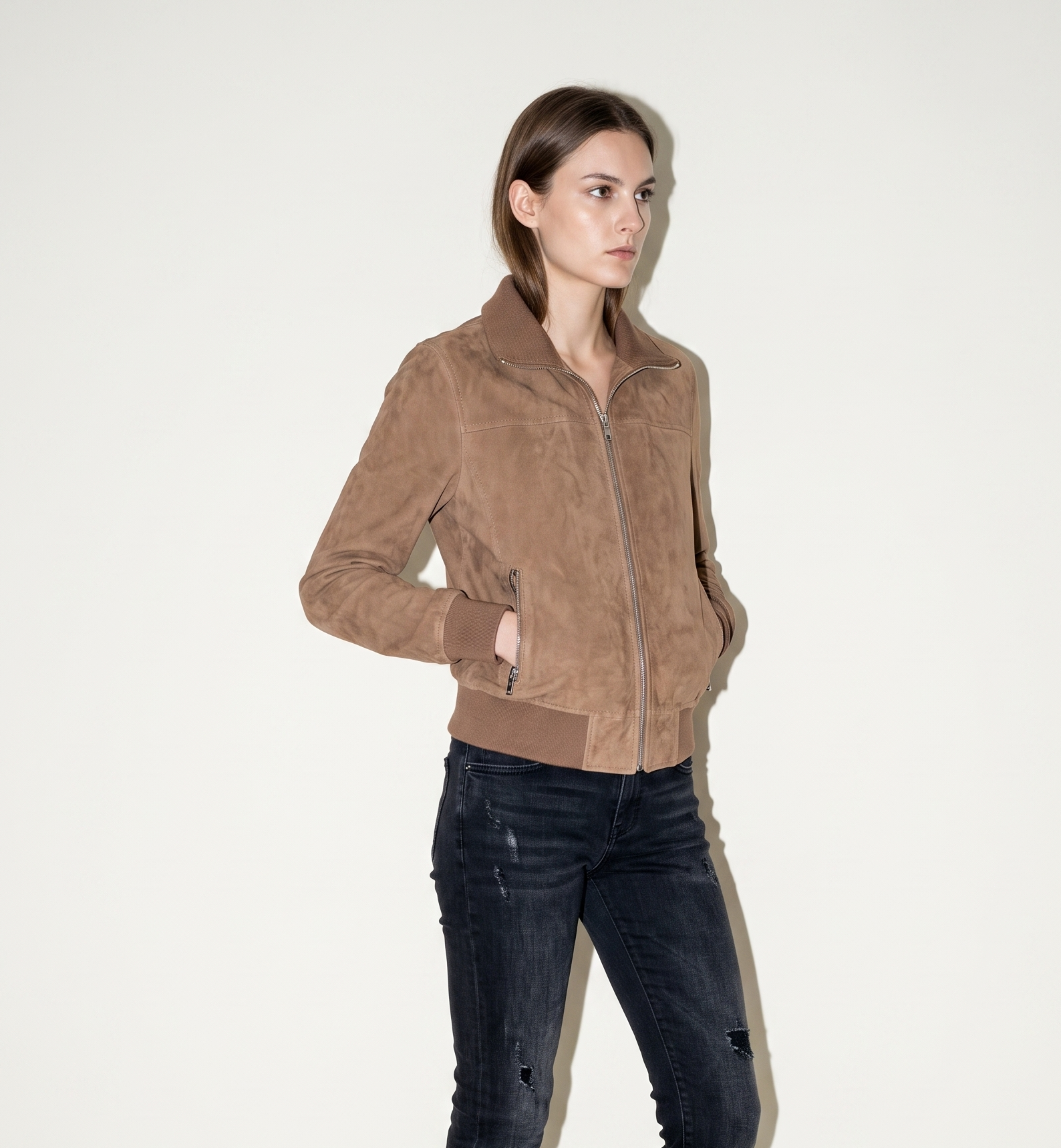 Women's Goat Suede Bomber Jacket manufacturing detail 3