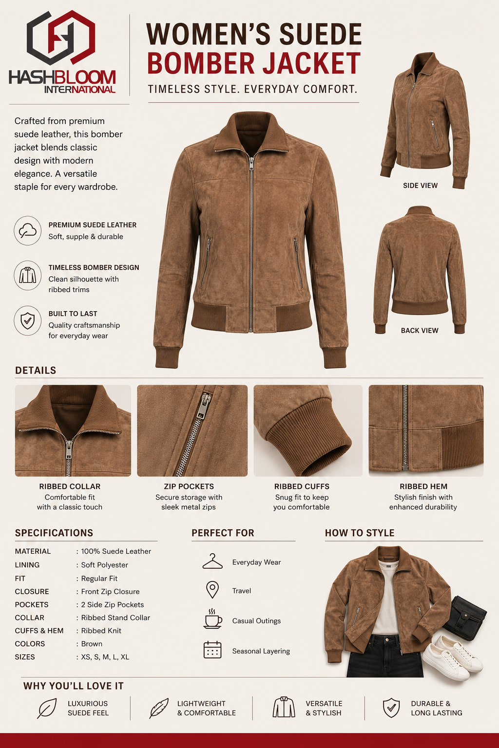 Women's Goat Suede Bomber Jacket manufacturing detail 6