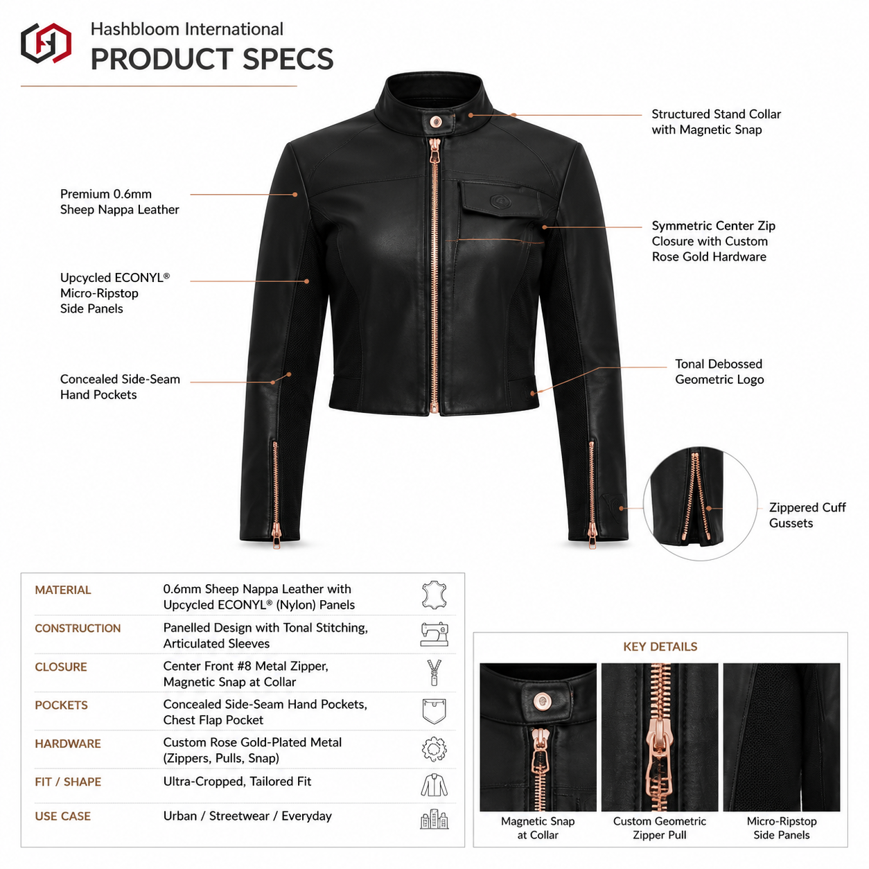 Women's Hybrid Sheep Nappa Cropped Moto Jacket manufacturing detail 4