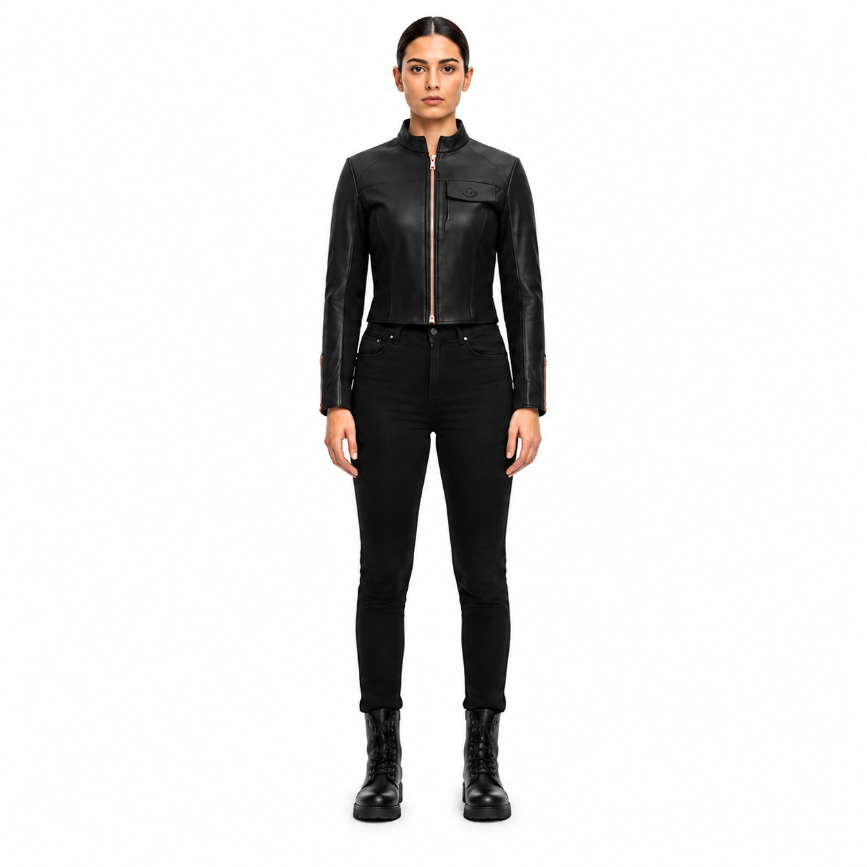 Women's Hybrid Sheep Nappa Cropped Moto Jacket - Custom Leather Manufacturer Sialkot Pakistan