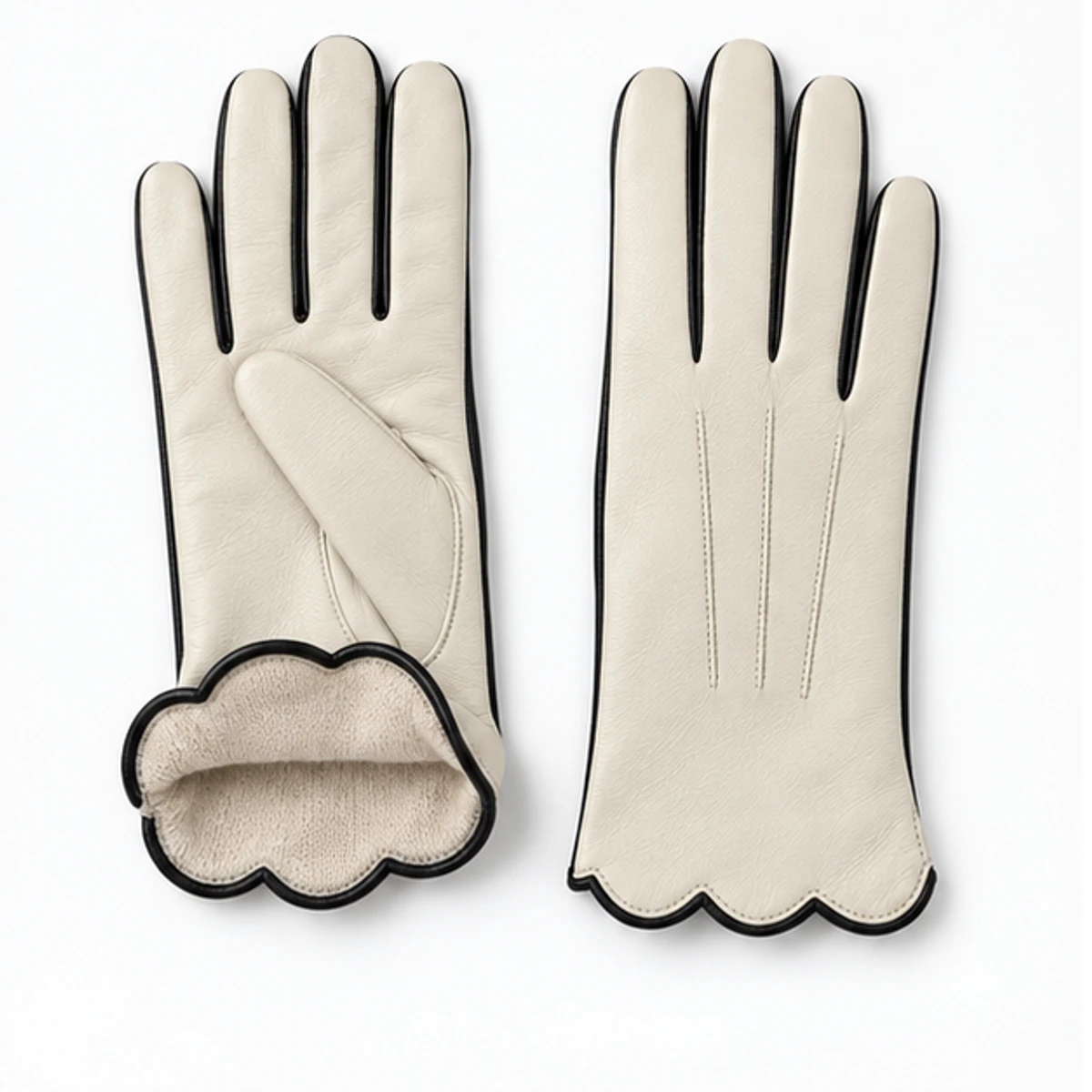 Women's Ivory Contrast-Piped Lambskin Gloves manufacturing detail 3