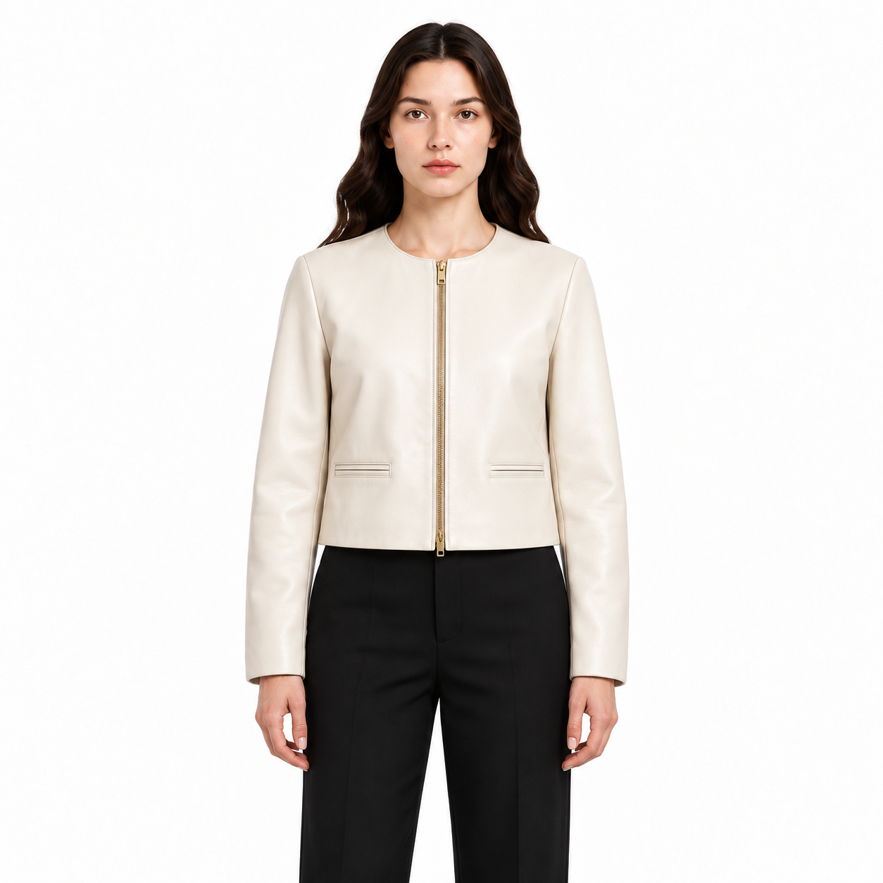 Women's Ivory Collarless Cropped Leather Jacket - Custom Leather Manufacturer Sialkot Pakistan