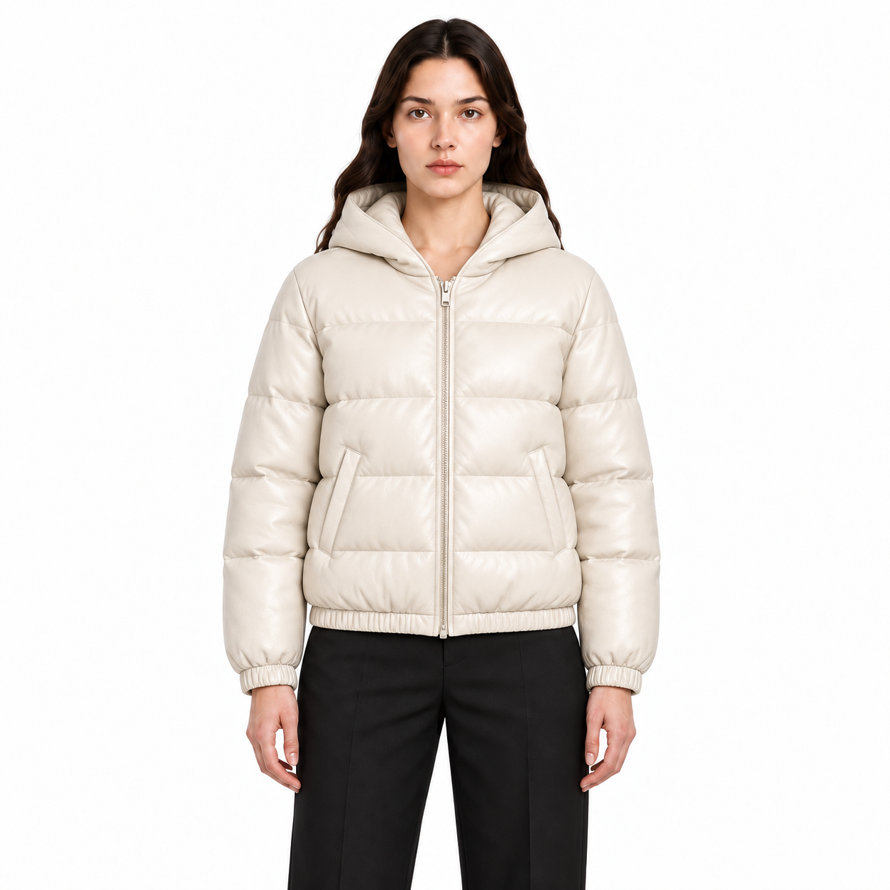 Women's Ivory Hooded Sheep Leather Puffer Jacket