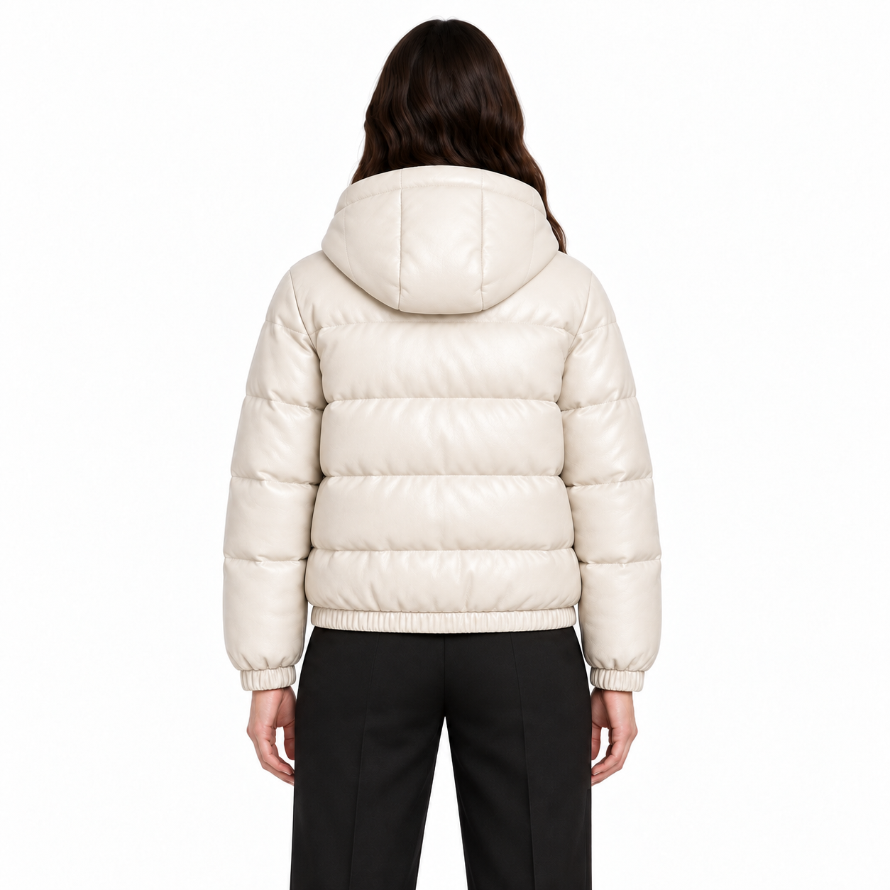 Women's Ivory Hooded Sheep Leather Puffer Jacket manufacturing detail 2