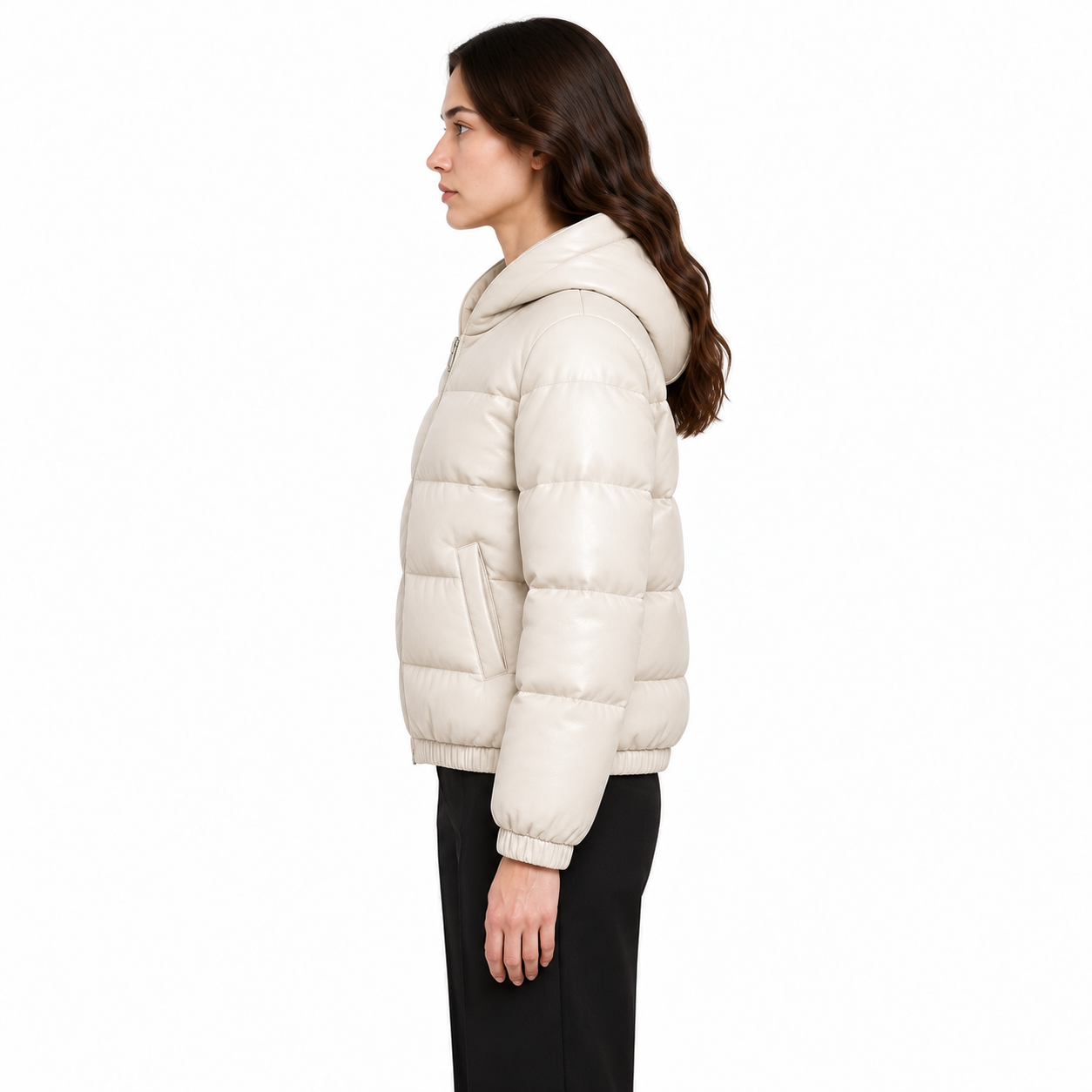 Women's Ivory Hooded Sheep Leather Puffer Jacket manufacturing detail 3