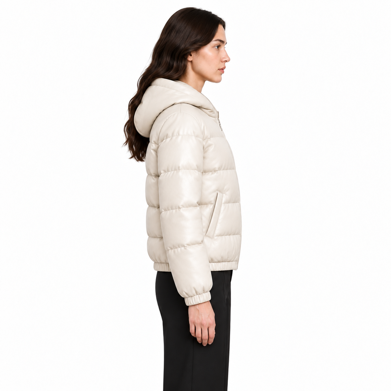Women's Ivory Hooded Sheep Leather Puffer Jacket manufacturing detail 4