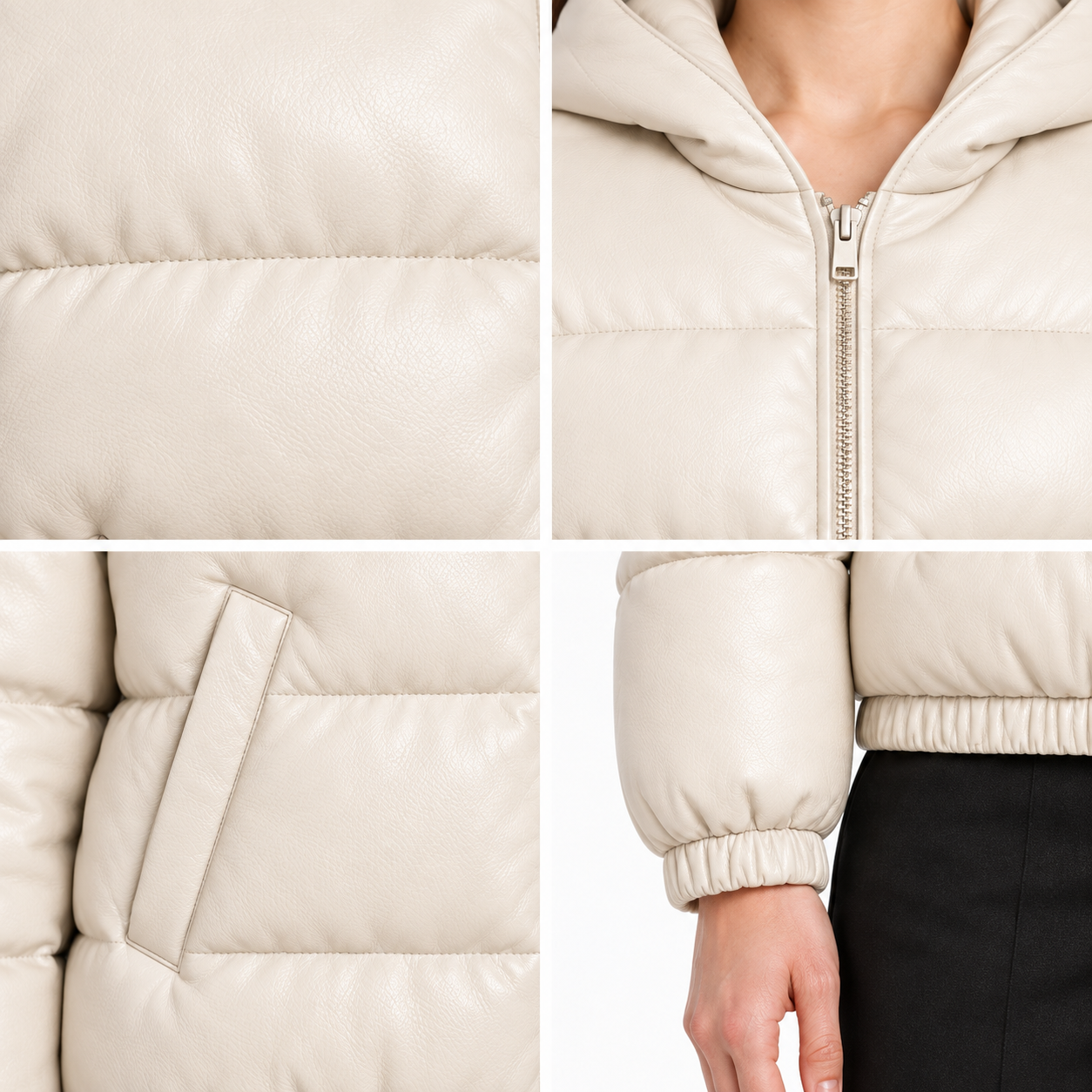 Women's Ivory Hooded Sheep Leather Puffer Jacket manufacturing detail 5