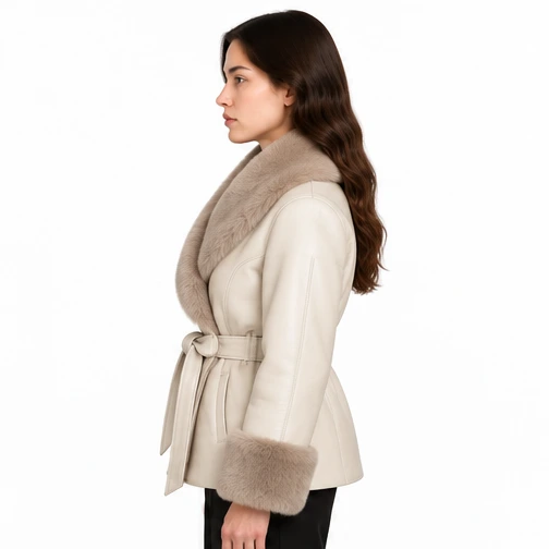Women's Ivory Wrap Faux-Fur Sheep Leather Jacket manufacturing detail 3