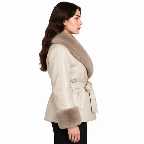 Women's Ivory Wrap Faux-Fur Sheep Leather Jacket manufacturing detail 4
