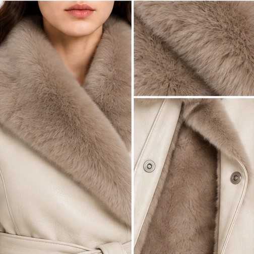 Women's Ivory Wrap Faux-Fur Sheep Leather Jacket manufacturing detail 5