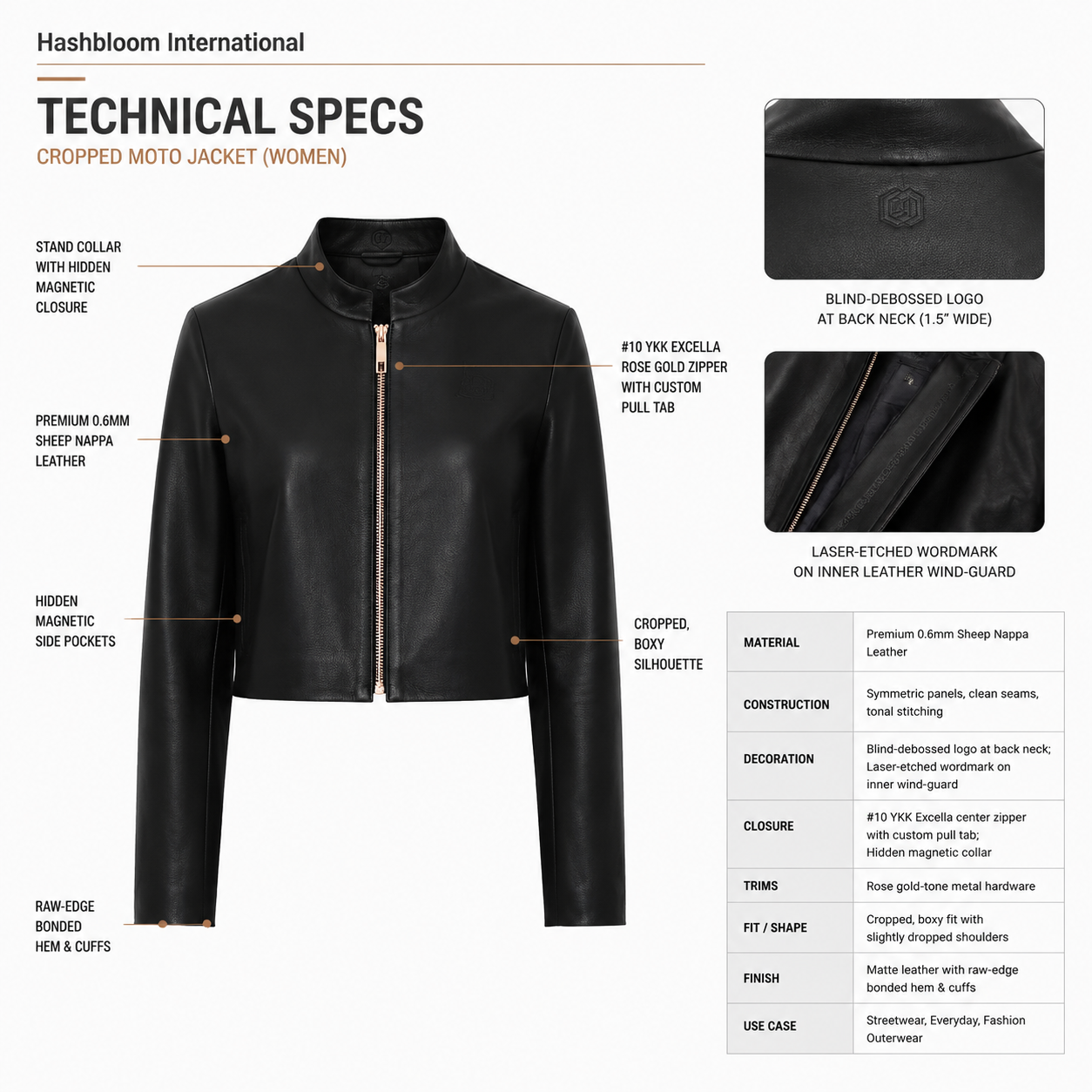 Women's Minimal Cropped Sheep Nappa Leather Jacket manufacturing detail 4