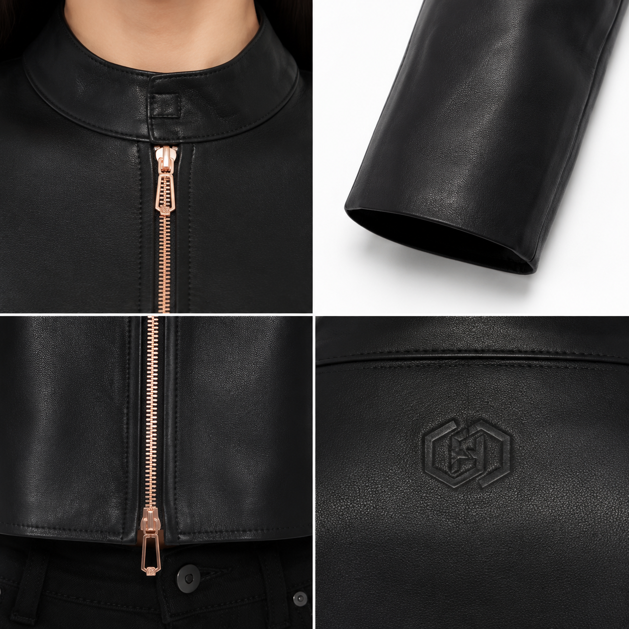 Women's Minimal Cropped Sheep Nappa Leather Jacket manufacturing detail 6