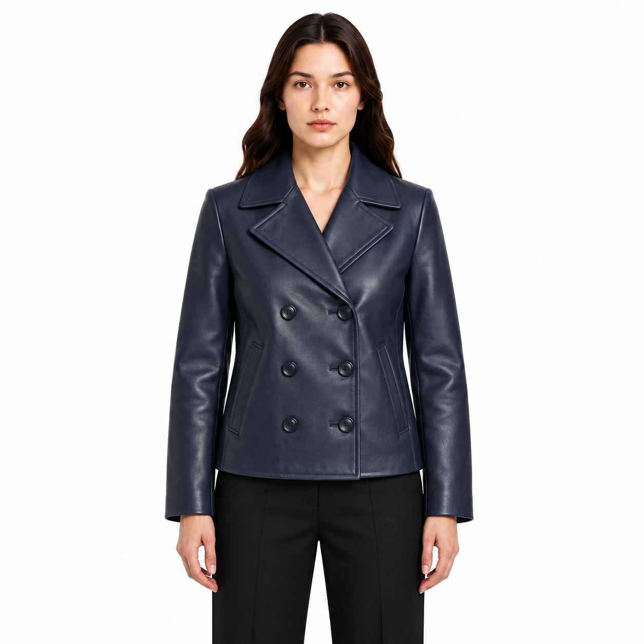 Women's Navy Double Breasted Leather Jacket - Custom Leather Manufacturer Sialkot Pakistan
