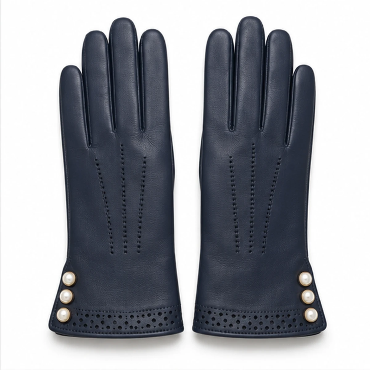 Women's Navy Pearl-Button Lambskin Gloves manufacturing detail 2