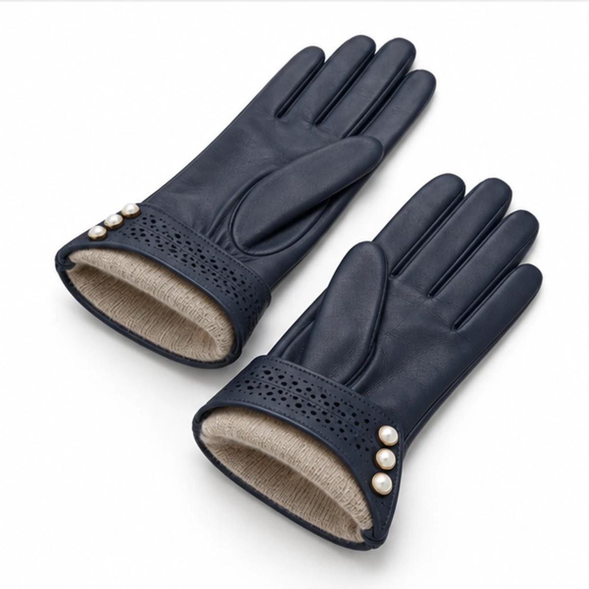 Women's Navy Pearl-Button Lambskin Gloves manufacturing detail 3