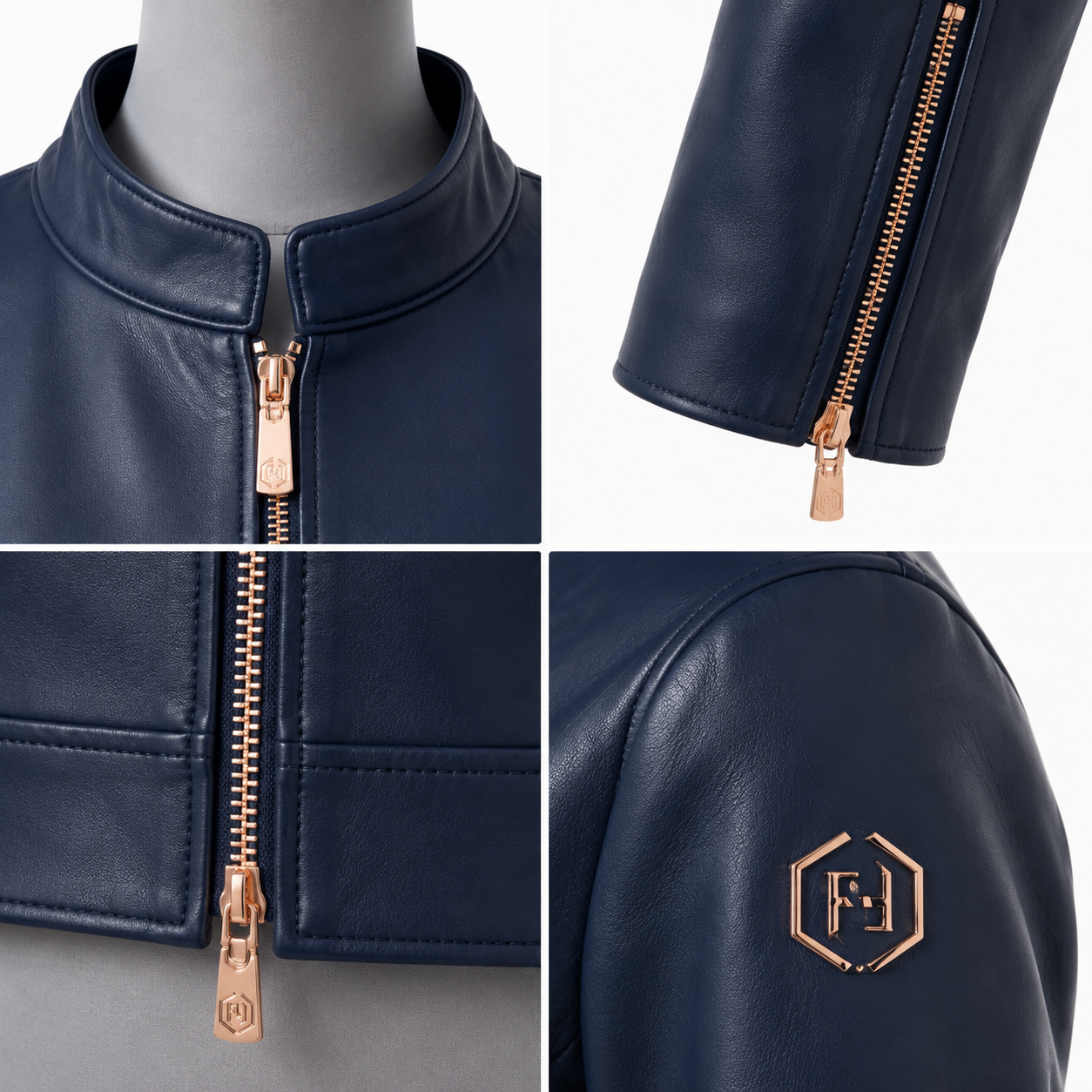 Women's Navy Sheep Nappa Leather Racer Jacket manufacturing detail 6