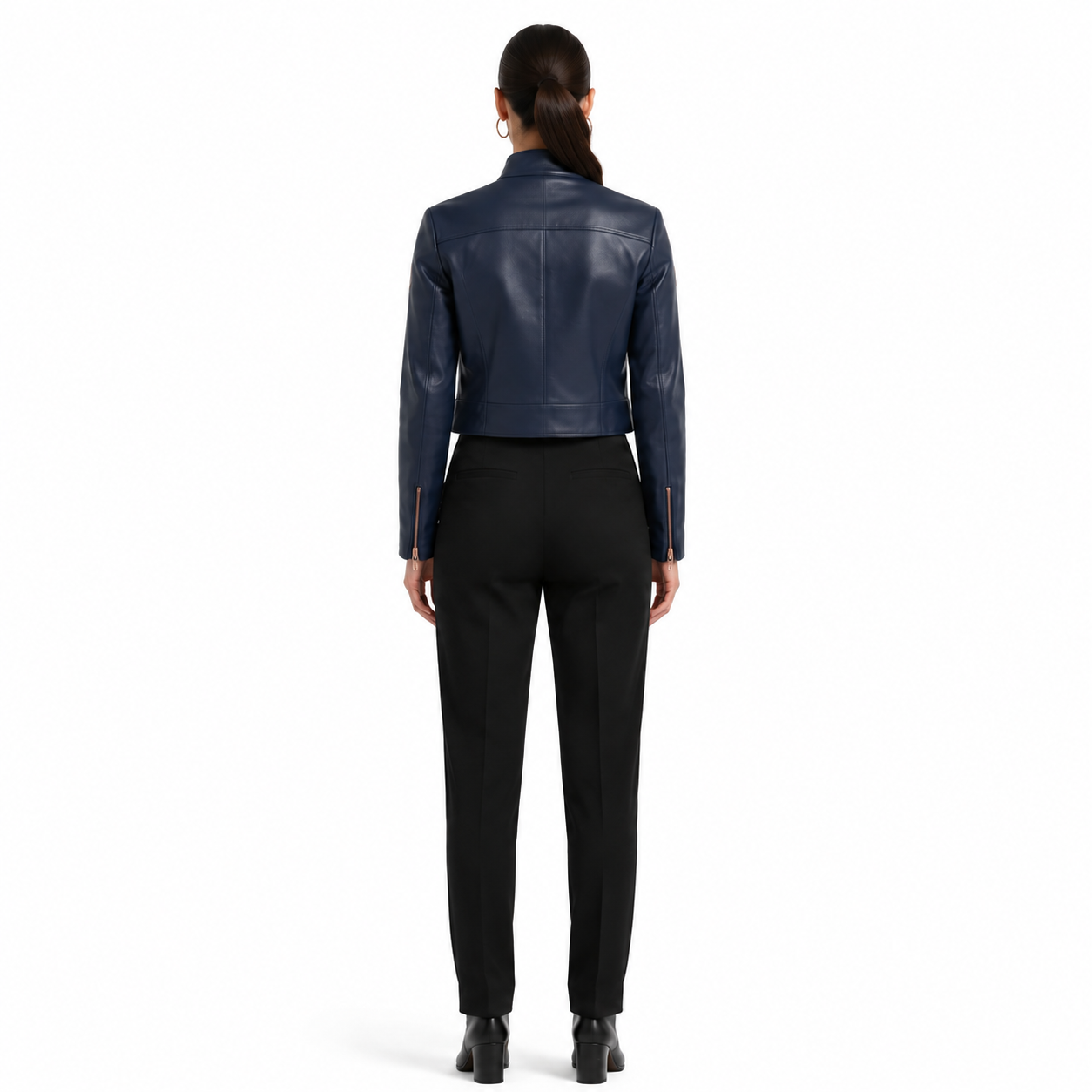 Women's Navy Sheep Nappa Leather Racer Jacket manufacturing detail 2