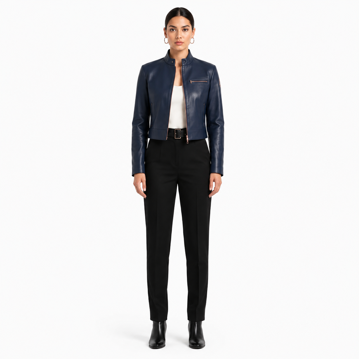 Women's Navy Sheep Nappa Leather Racer Jacket - Custom Leather Manufacturer Sialkot Pakistan