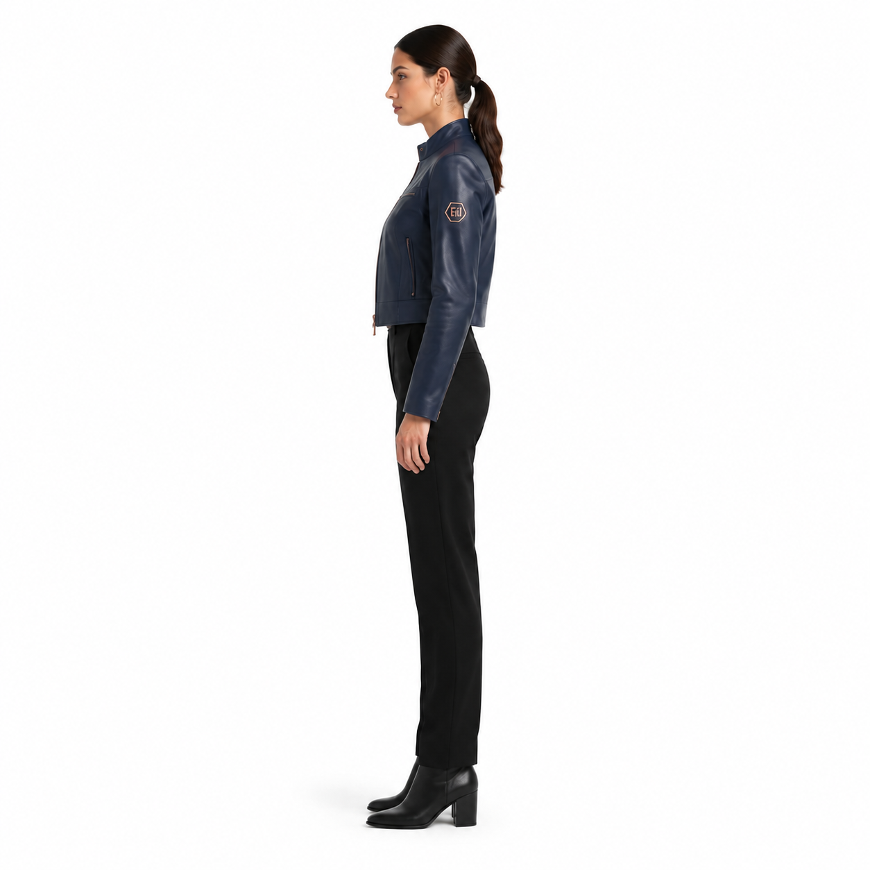 Women's Navy Sheep Nappa Leather Racer Jacket manufacturing detail 3