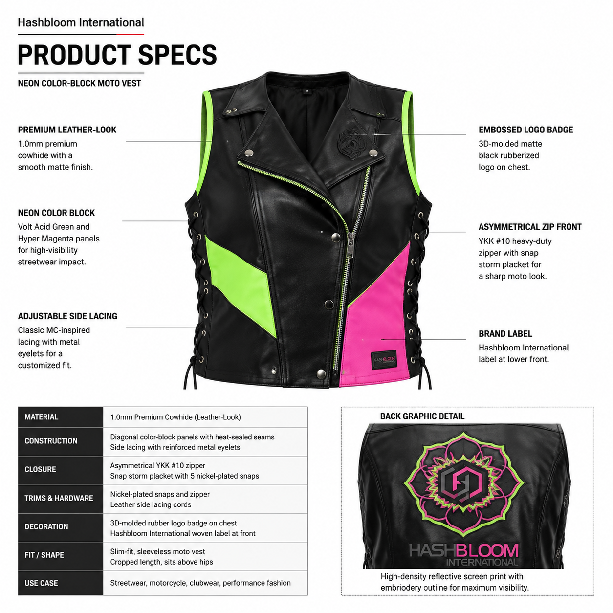 Women's Neon Color-Block Leather Moto Vest manufacturing detail 5